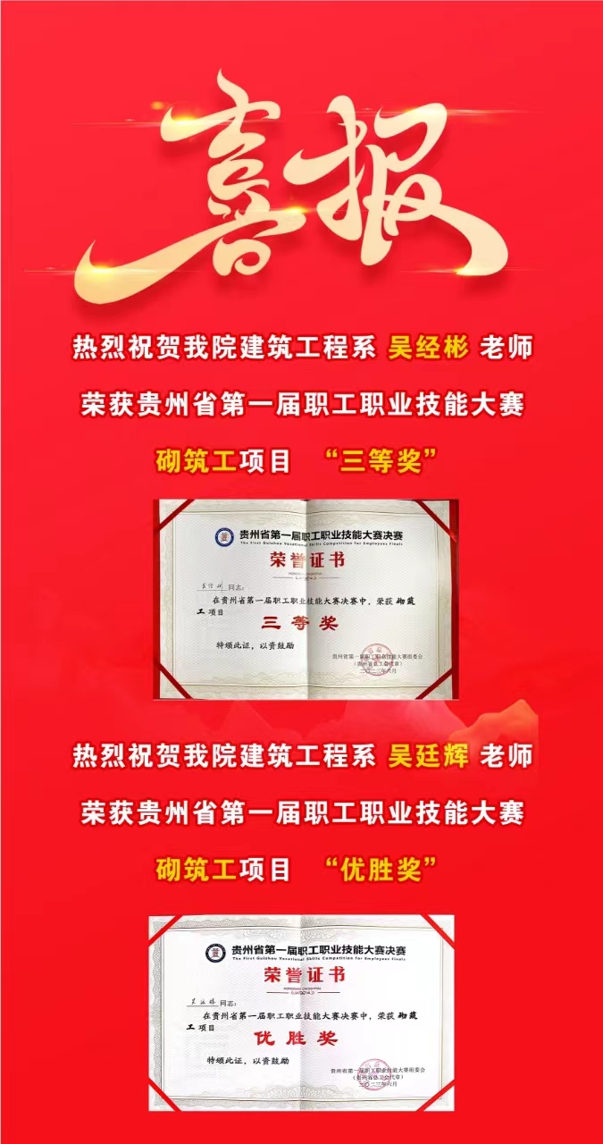 喜报！热烈祝贺学院两位教职工在贵州省第一届职工职业技能大赛喜获佳绩